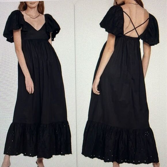 New! En Saison Barnette Midi Dress Eyelet Sleeves Black Size Large Pockets - Picture 1 of 16